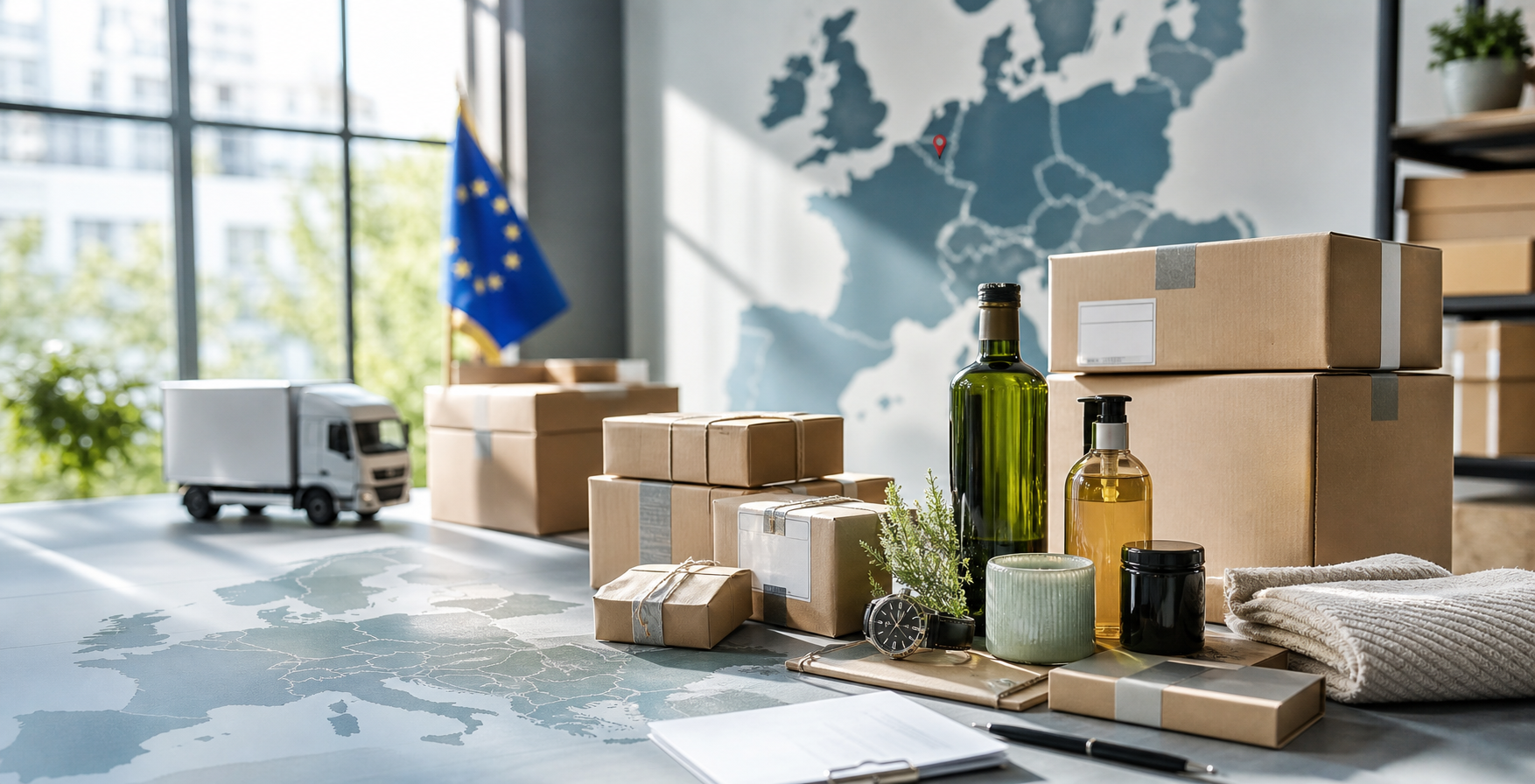 Curated products and parcels prepared for European delivery
